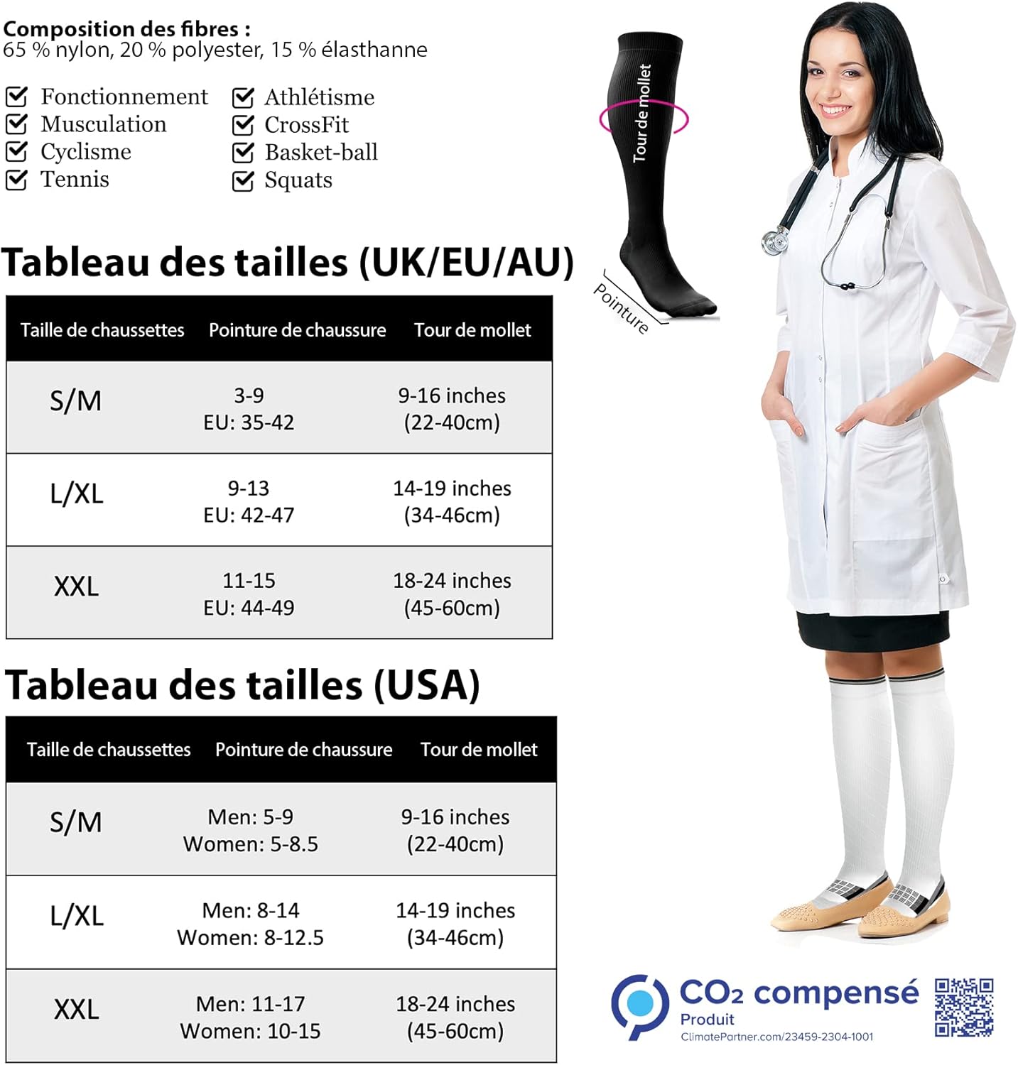 Chaussette De Compression Femme Et Homme (20-30Mmhg Classe 2) Bas De Contention Mollet Medical Sport Running De Vol Circulation, Jambes Enflées Les Varices, Voyage En Avion