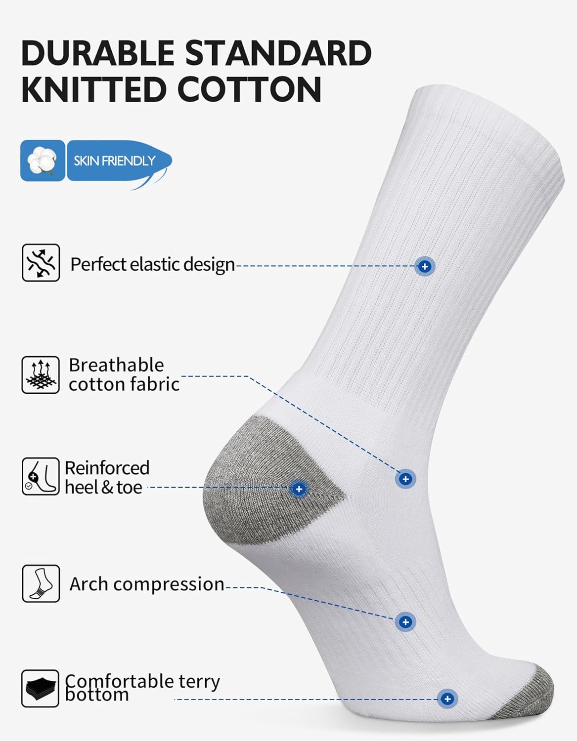 6 Paires Chaussettes De Sport Homme 39-42 43-46 En Coton Respirantes Renforcées Confortables Pour Running Tennis Randonnée Cyclisme En Blanc Noir Gris