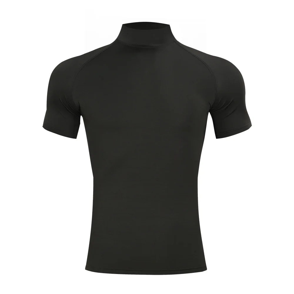 Mens Bodybuilding Sports Tight T-Shirt Summer Compression Turtleneck Short Sleeve Gym Fitness Running Quick Dry Male Workout Top