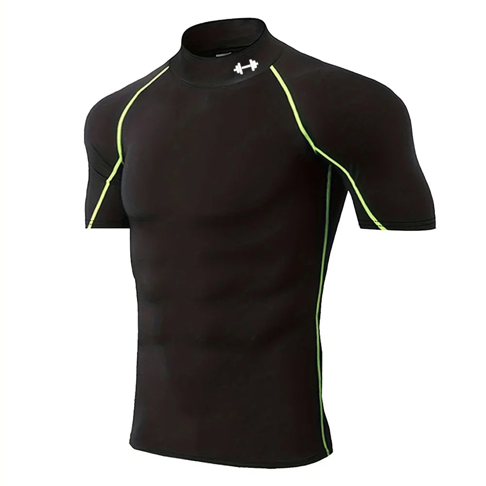 Men'S Fitness Compression Short-Sleeved Summer Outdoor Sports Running Tight T-Shirt Breathable Turtleneck Training Suit Top