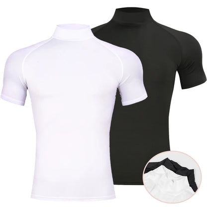 Mens Bodybuilding Sports Tight T-Shirt Summer Compression Turtleneck Short Sleeve Gym Fitness Running Quick Dry Male Workout Top